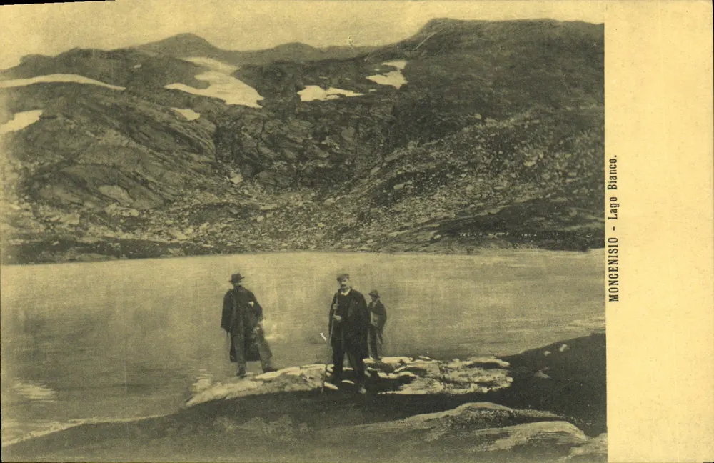 Lago Bianco - Moncenisio — vista lacustre com três homens — A. Bardì, Susa, n° 0522 - Frente