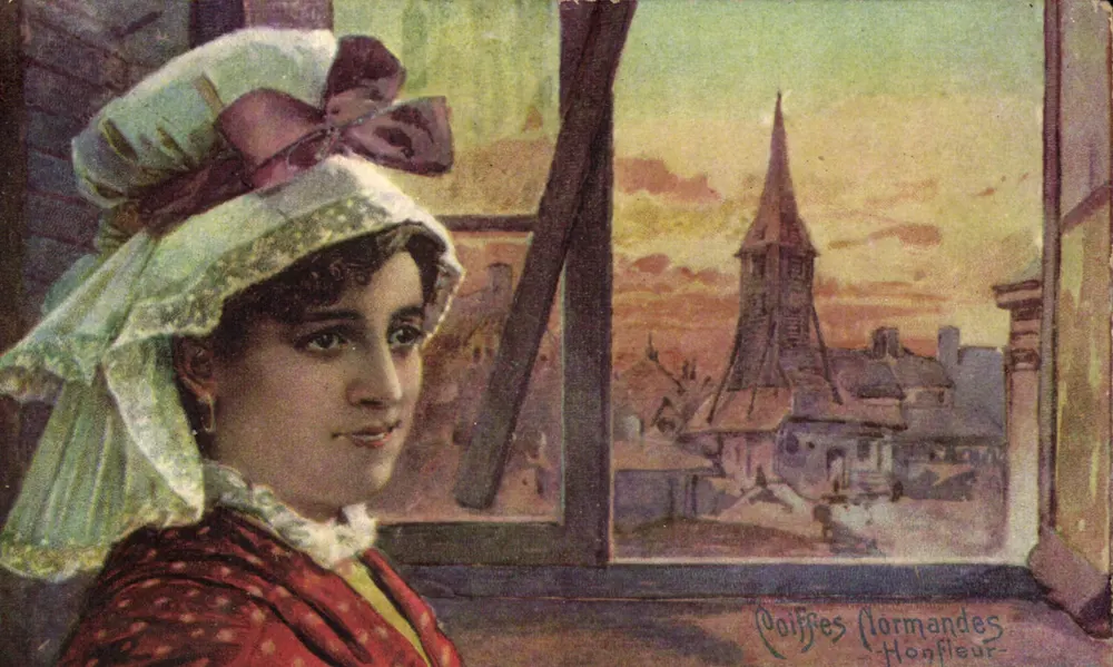 Frau mit Schleifenkappe — Ansicht von Honfleur — Normannische Frisuren - Vorderseite