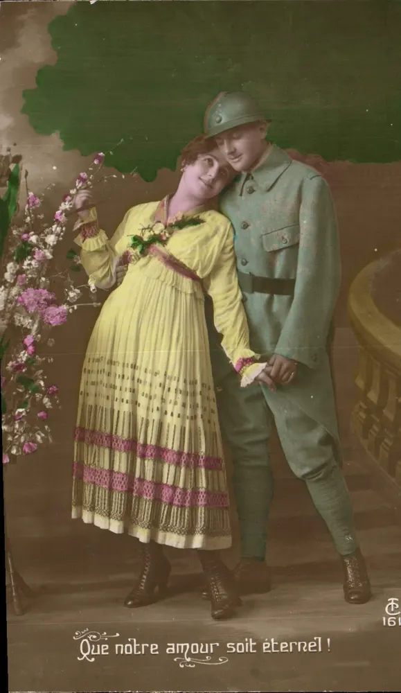 Soldado e mulher — carta postal de guerra — editor E. 1611 - Frente