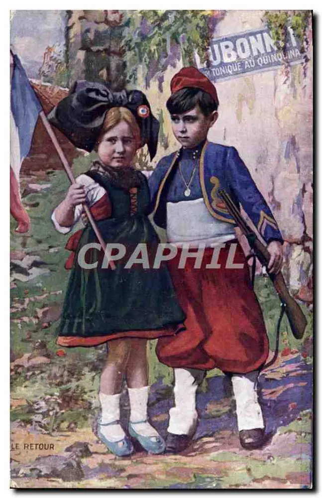Zwei Kinder in Soldatenuniformen — Werbeillustration für den Tonicwein Dubonnet — Verlag Dubonnet - Vorderseite