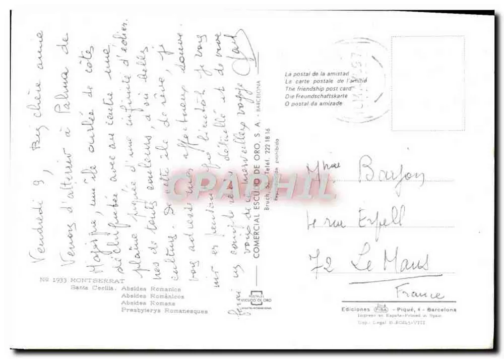 Montserrat — Abadia romana de Santa Cecília — Editor Comercial Escudo de Oro, S.A., n° 1933 - Verso