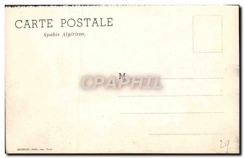 Cavalaria argelina — parada militar — Georges Lang, Paris, n°29 - Verso