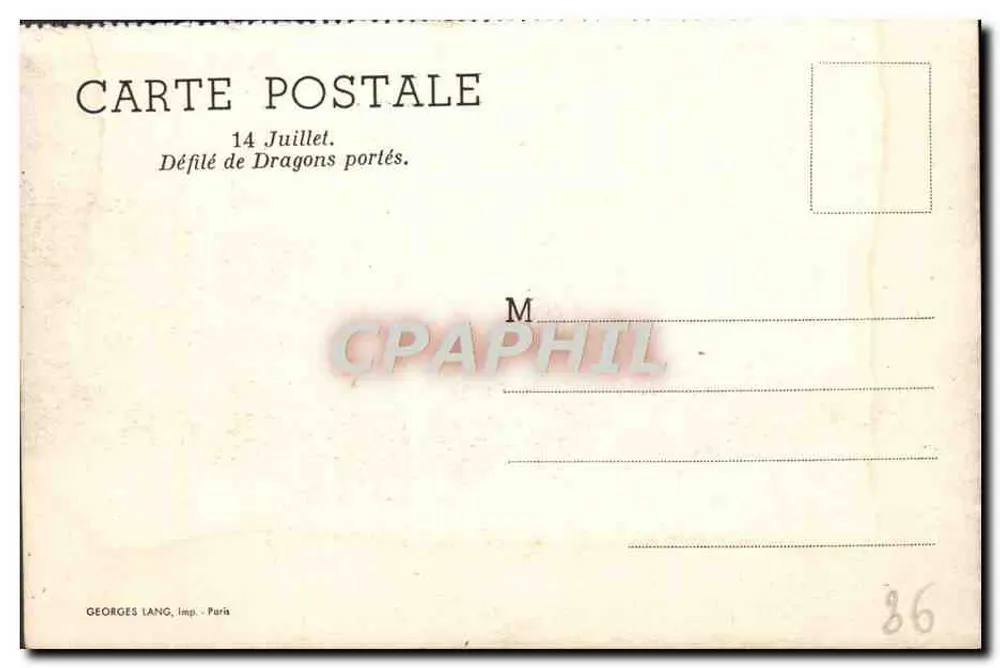Défilé de Dragons portés — 14 Juillet — Georges Lang, imp. Paris - Verso