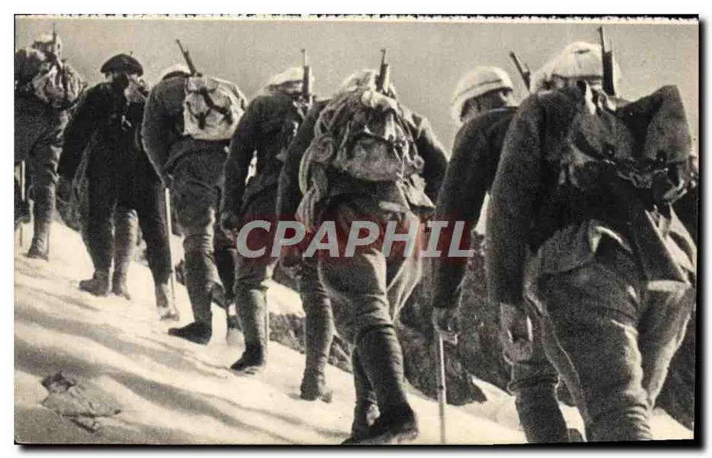 Soldaten auf Bergwanderung — Bergschule — Ansichtskarte - Vorderseite