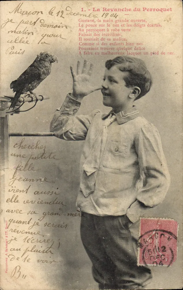 Criança e papagaio — cena humorística — Fototipo A. Beresbet & Cie, Nancy - Frente