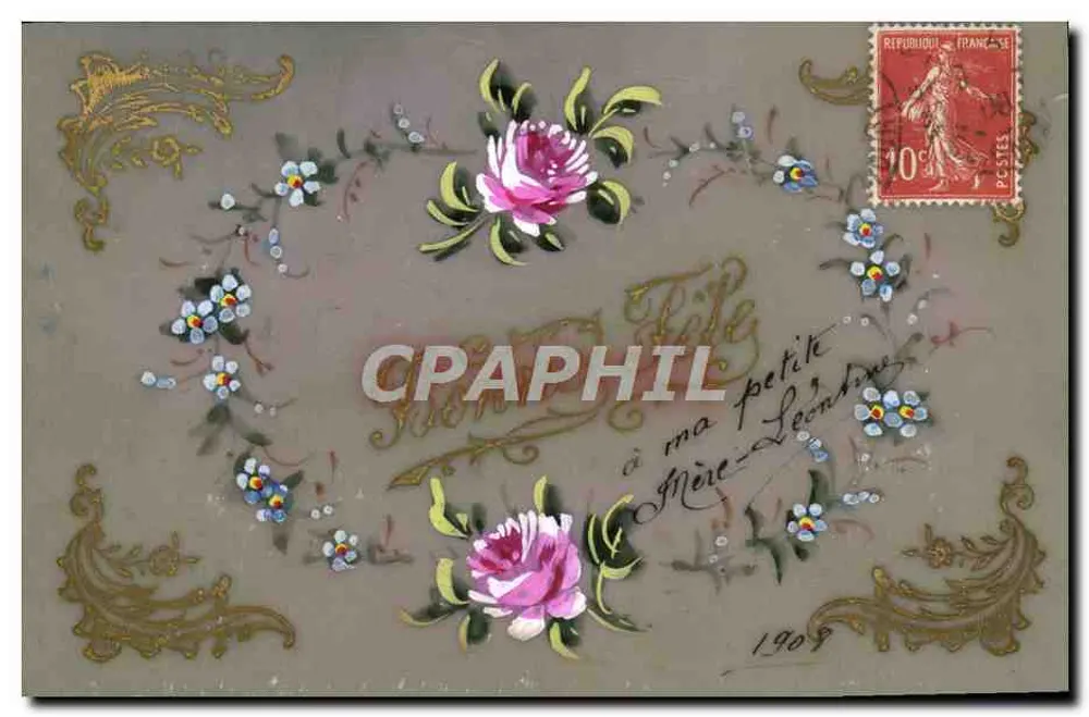 Carta postal decorativa com motivos florais — à minha querida mãe Léonide — 1909 - Frente