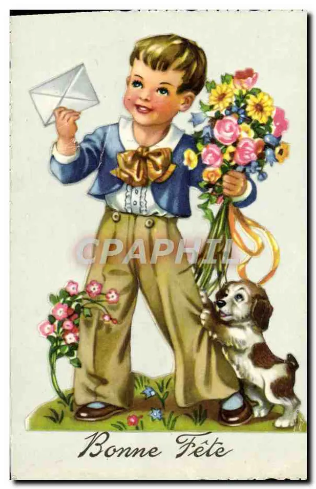 Kind mit Hund und Blumenstrauß — Frohe Geburtstagsgrüße — Verlag nicht sichtbar - Vorderseite