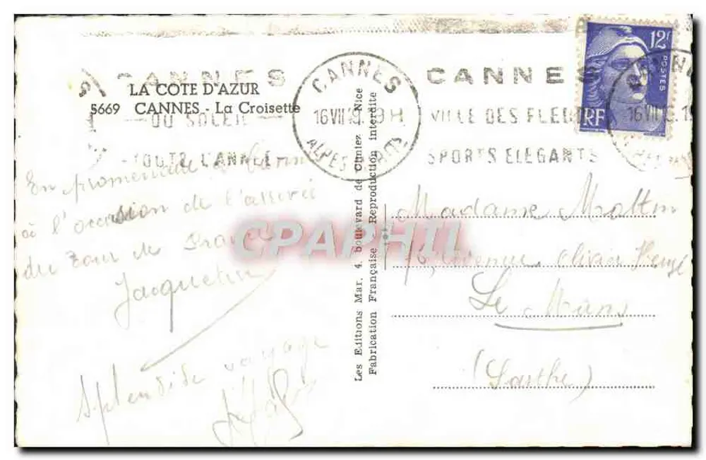 Cannes - La Croisette — vista da promenade com fonte e palmeiras — editor Mar. 4, boulevard de Cimiez - Verso