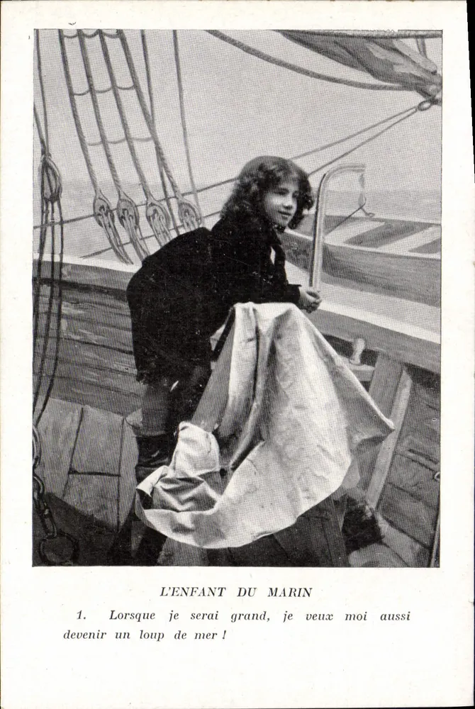 Der Sohn des Seefahrers — Illustration eines Kindes auf einem Schiff — gedruckter Text - Vorderseite