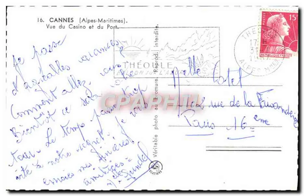 Cannes — Vue du Casino et du Port — Théophile Falcon sur l'Azur - Verso