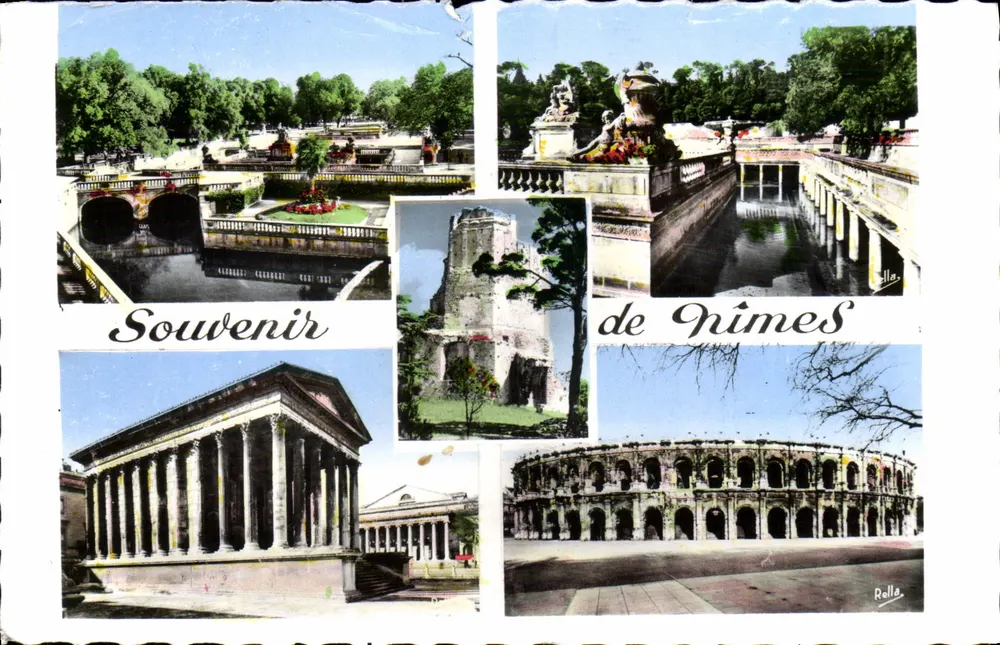 Nîmes — Collage de sites historiques — Souvenir de Nîmes, éditeur Rolla - Frente
