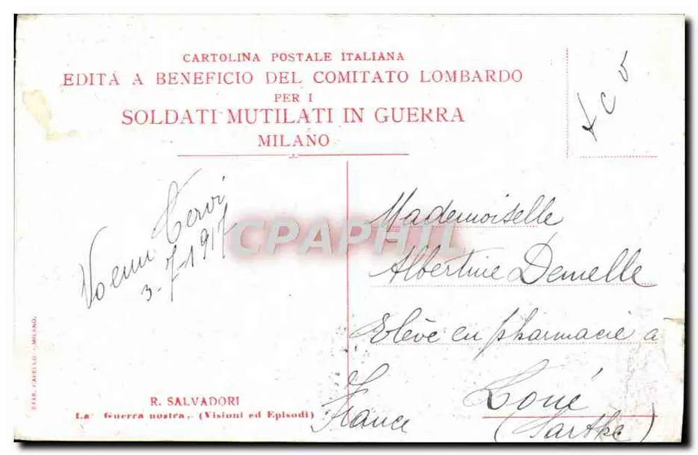 Italienische Soldaten in den Bergen — Kampf — Italienische Ansichtskarte, zur Unterstützung des Lombardischen Komitees für kriegsversehrte Soldaten, Mailand - Rückseite