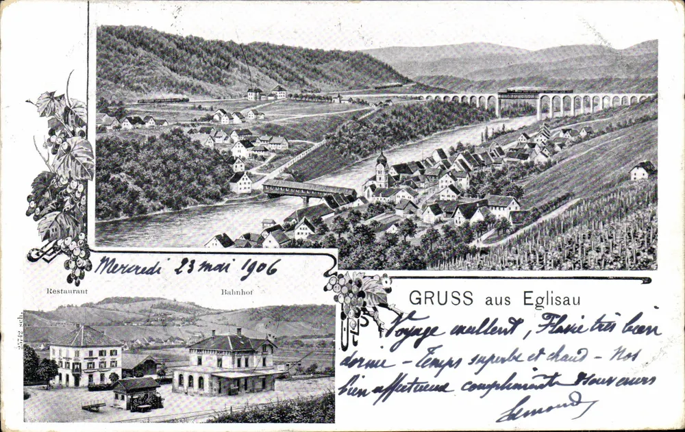Eglisau — vista panorâmica com viaduto e vinhedos — Restaurante e Estação Ferroviária — editor não visível - Frente