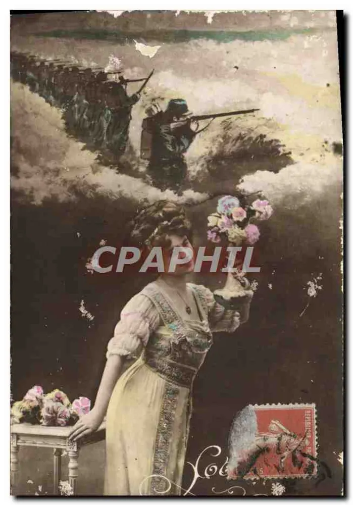 Femme en robe ornée tenant un bouquet — soldats en file dans un paysage — éditeur 'C. RIGAT - PARIS' (verso) - Vorderseite