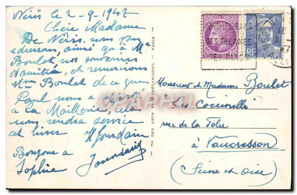 Néris-les-Bains — Eingang zum Großen Thermalbad — Antike Ansichtskarte n°28, Verlag 'Les Arts Photomécaniques' - Rückseite