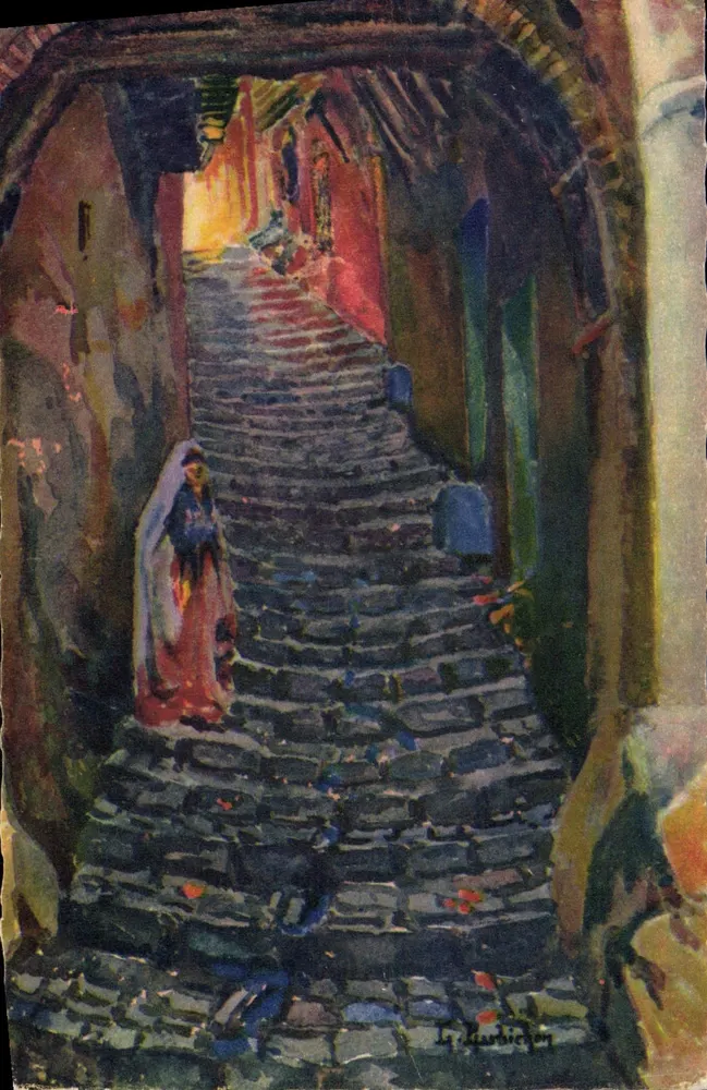Vista de uma rua em escadaria em Argel — L. Barbichon — Edições de Arte de Argel - Frente