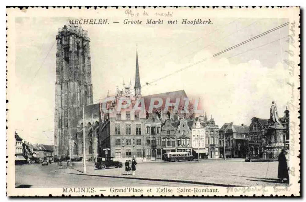 Mecheln — Grand'Place und Kirche Saint-Rombaut - Vorderseite
