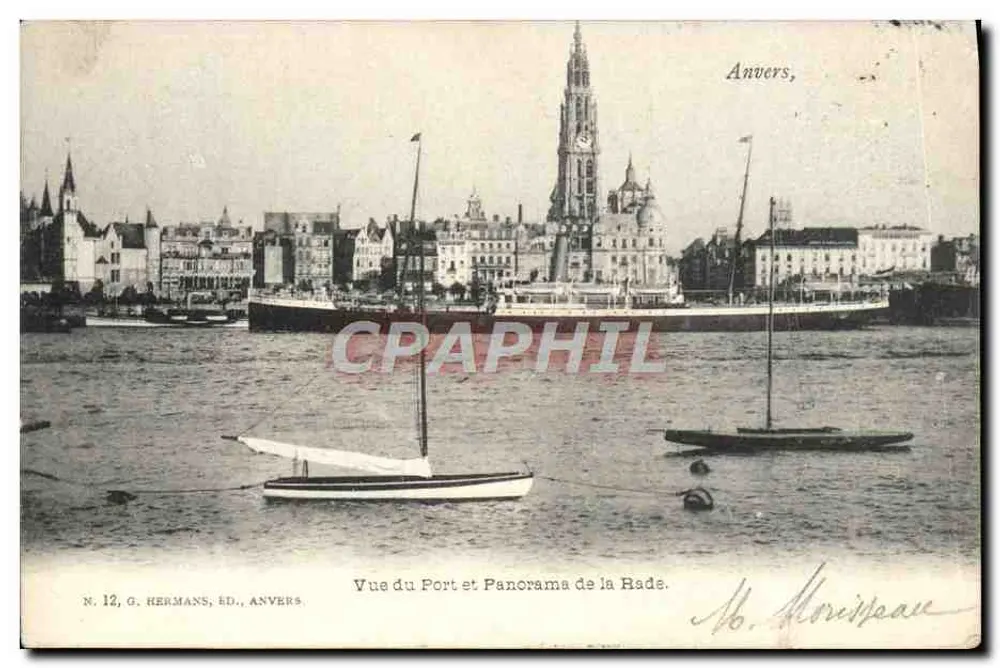 Antwerpen, Ansicht des Hafens und Panorama der Hafenanlage — G. Hermans, Antwerpen, Nr. 12 - Vorderseite