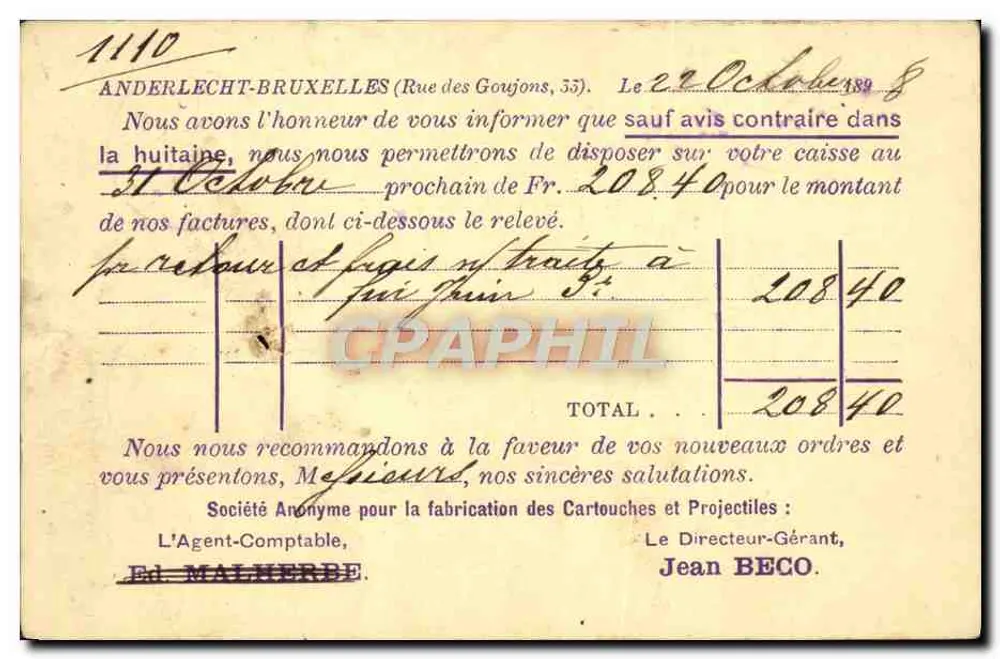Anderlecht-Brüssel — Handelsrechnung — Société Anonyme pour la Fabrication des Cartouches et Projectiles, Nr. 1110 - Rückseite