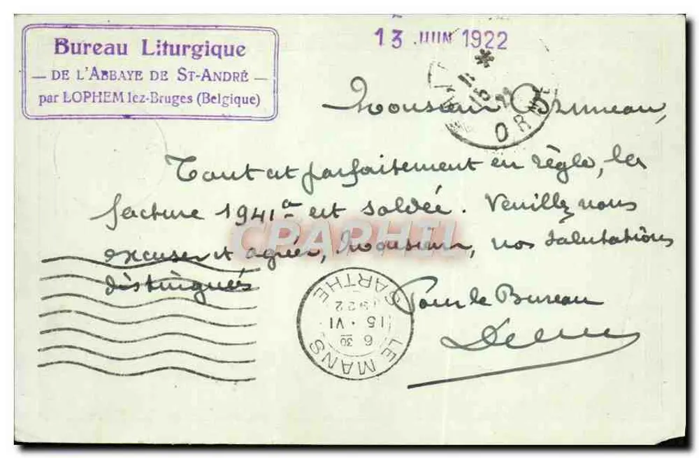Abtei Saint-André — Liturgisches Büro — Brügge — 1922 - Rückseite