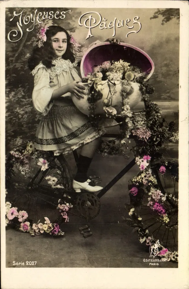 Mädchen mit verziertem Pousse-Pousse — Frohe Ostern — Künstlerverlag, Paris, Serie 2027 - Vorderseite