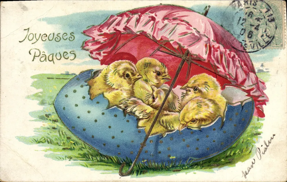 Chouettes de Pâques — cinq poussins sous un parapluie dans un œuf bleu — éditeur Jean Pister - Vorderseite