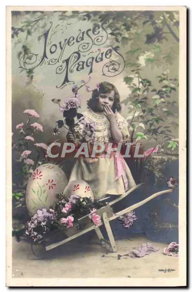 Mädchen mit Osterwagen — 'Joyeuse Paque' — J.K. (Verlag) - Vorderseite