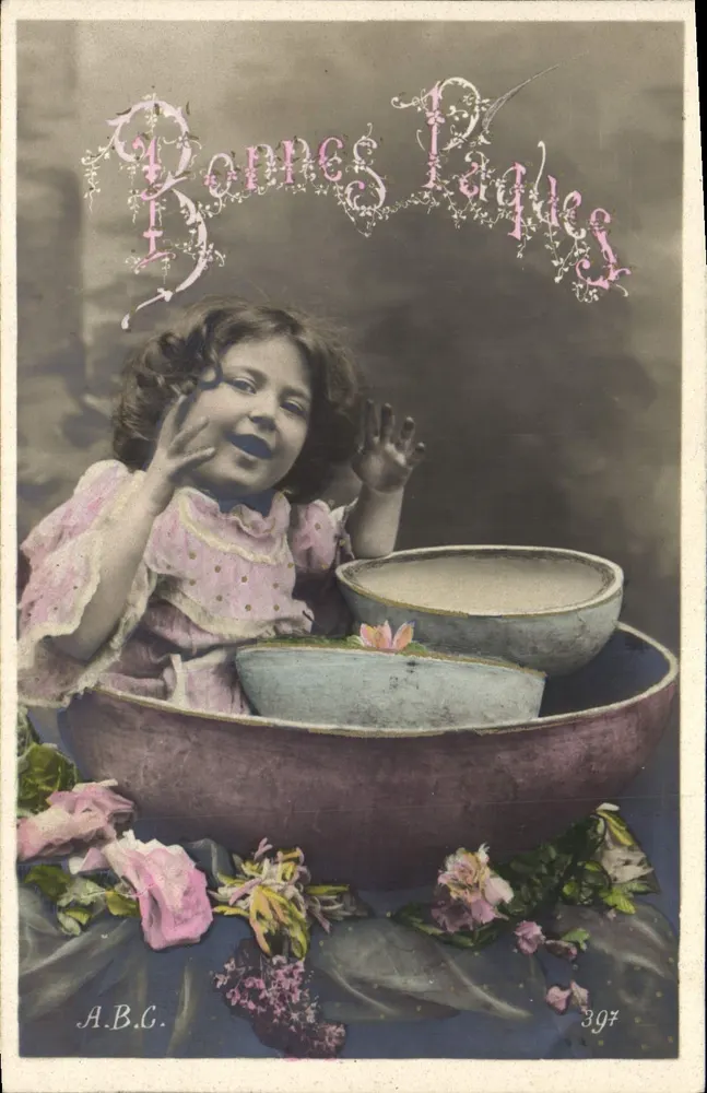 Mädchen in einer Wanne — Frohe Ostern — A.B.C. n° 397 - Vorderseite