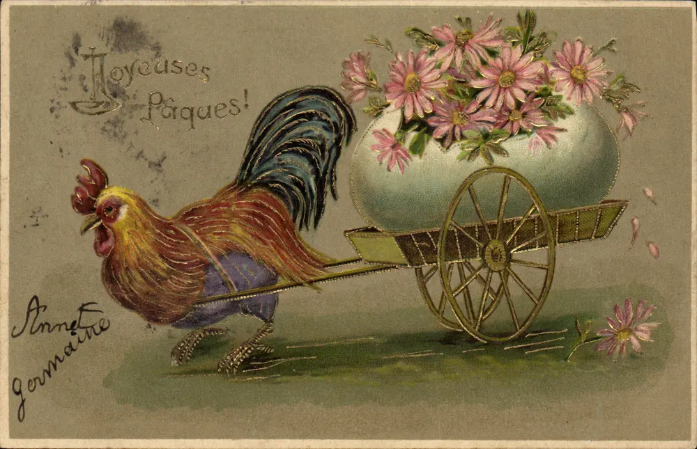 Hahn, der ein Wägelchen mit einem blumengeschmückten Ei zieht — Frohe Ostern! — Annette Germaine - Vorderseite