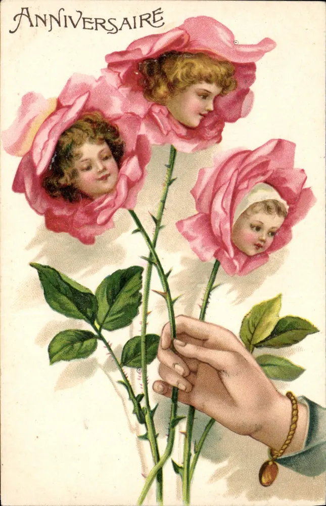 Três anjos em meio a rosas — Aniversário — Carta postal universal - Frente