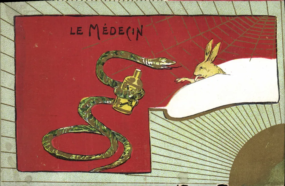 Le Médecin — serpentin entourant une bouteille médicinale, un lapin malade sur un lit — éditeur non visible - Vorderseite