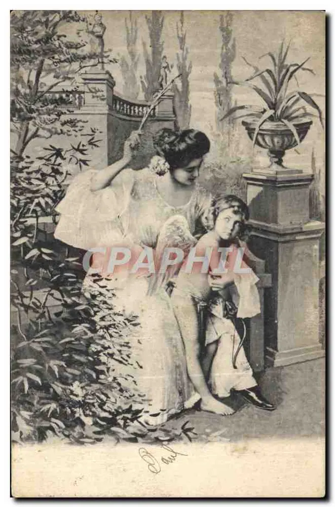 Mulher e criança em um jardim — ilustração — assinado Paul - Frente