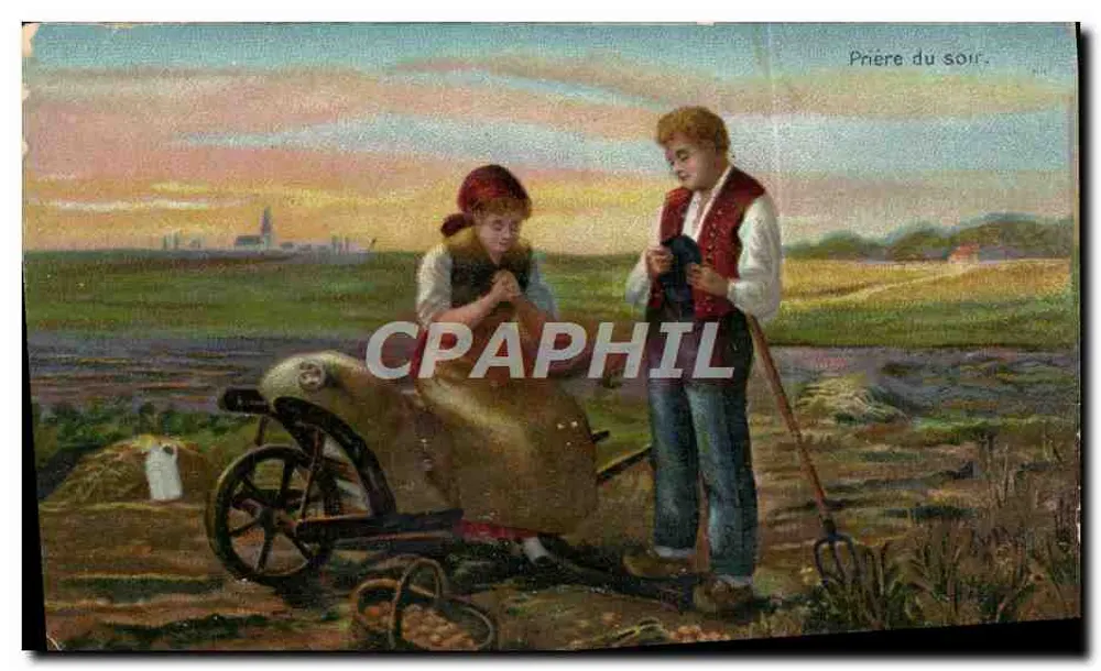 Jeunes paysans au crépuscule — scène de champ avec charrette — éditeur anonyme - Vorderseite