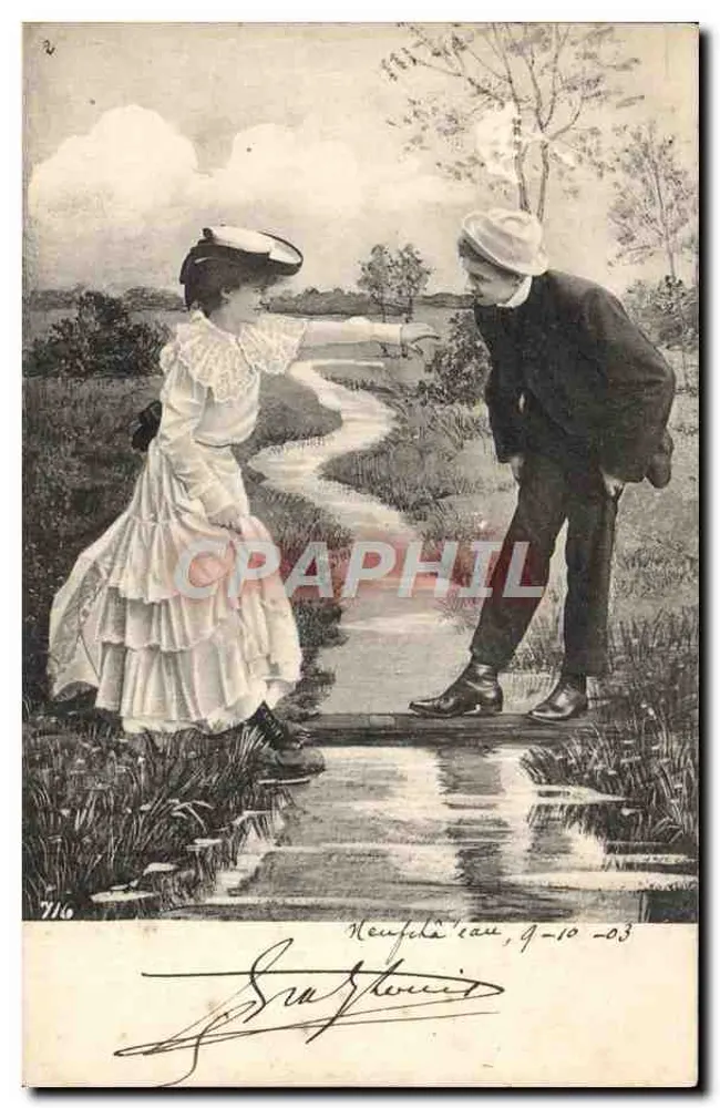 Junge Frau und Mann am Ufer eines Bachs — Begegnungsszene — anonymer Verlag, Nr. 716 - Vorderseite