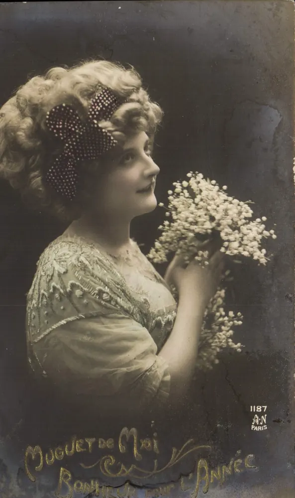 Junge Frau mit Blumenstrauß — Moguette de moi, Glück für das Jahr — A.N. Paris, Nr. 1187 - Vorderseite