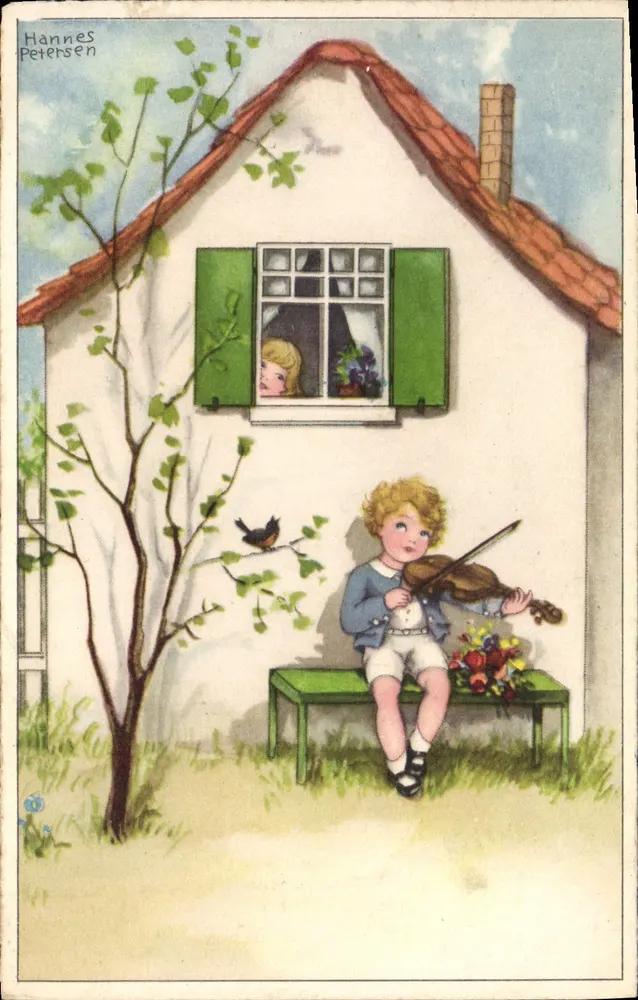 Kind, das Violine spielt — vor einem Haus — Hannes Petersen - Vorderseite