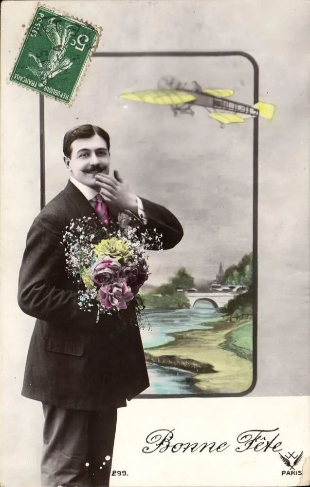 Mann im Anzug mit Blumenstrauß — Frohe Geburtstagskarte — Paris, Nr. 299 - Vorderseite