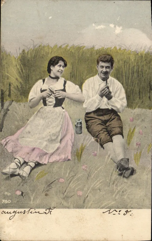 Jeune couple en tenue folklorique — scène champêtre — Augustin T. n°760 - Recto