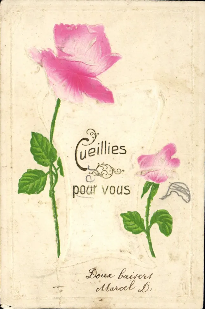 Flores — carta postal com rosa — Marcel D. - Frente