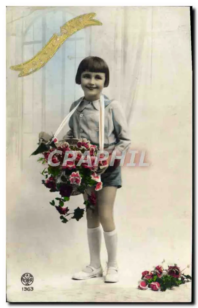 Menina segurando um cesto de rosas — foto de estúdio — R.A. Noier, n° 1363 - Frente