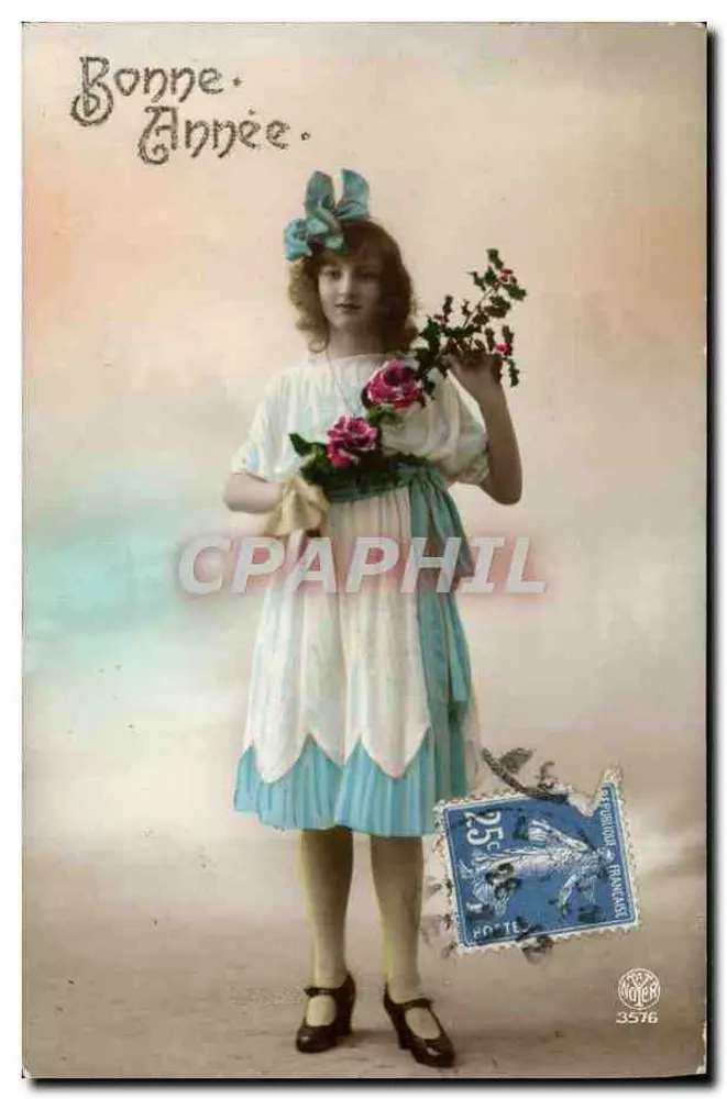 Junge Frau in blau-weißem Kleid — Frohe Neujahr — Verlag Petibond, Nr. 3576 - Vorderseite