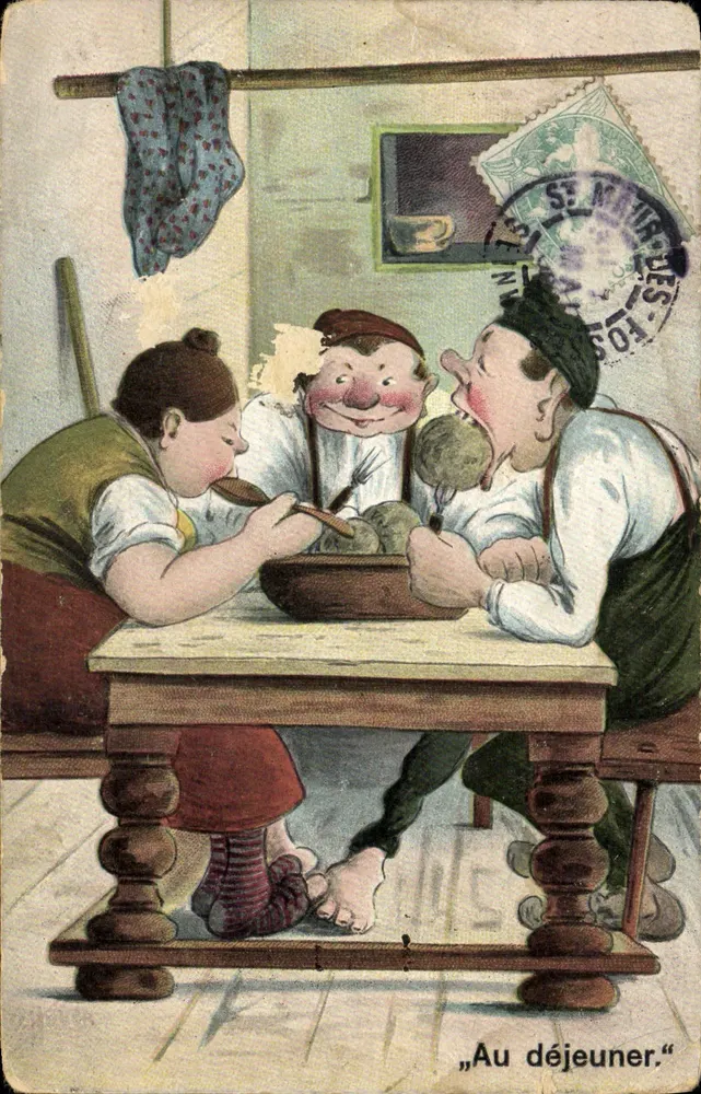 Trois personnages mangeant ensemble — scène de déjeuner — éditeur Ges. gesch. - Copyright S. No. 344 - Frente
