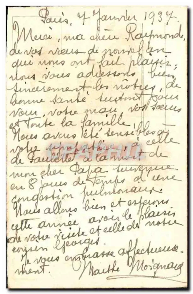 Winterlandschaft — Efeu und Landschaft — Text 'Guten Jahresbeginn' — Paris, 4. Januar 1939 - Rückseite