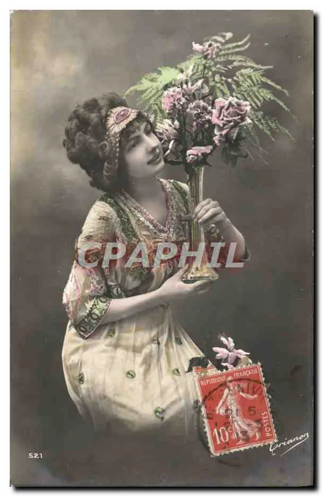 Frau in orientalischem Kleid mit Blumenstrauß — Verlag Vorianos, Nr. S21 - Vorderseite
