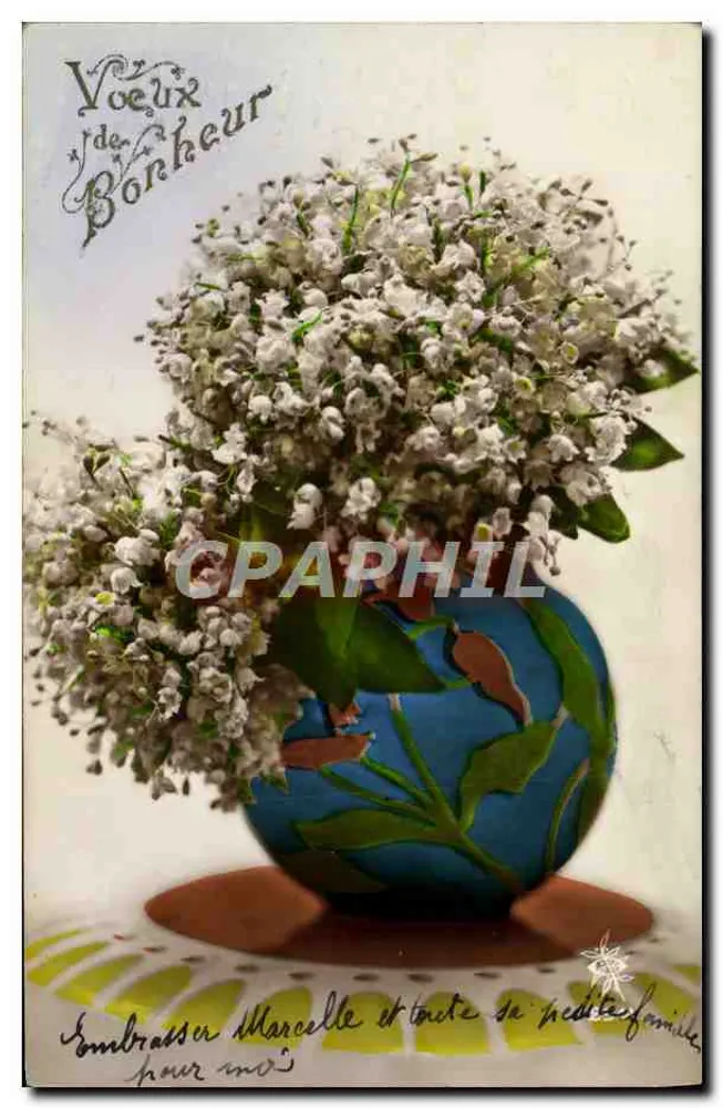 Arranjo de flores de mágico em um vaso decorativo — Vœux de Bonheur — editor não identificado - Frente