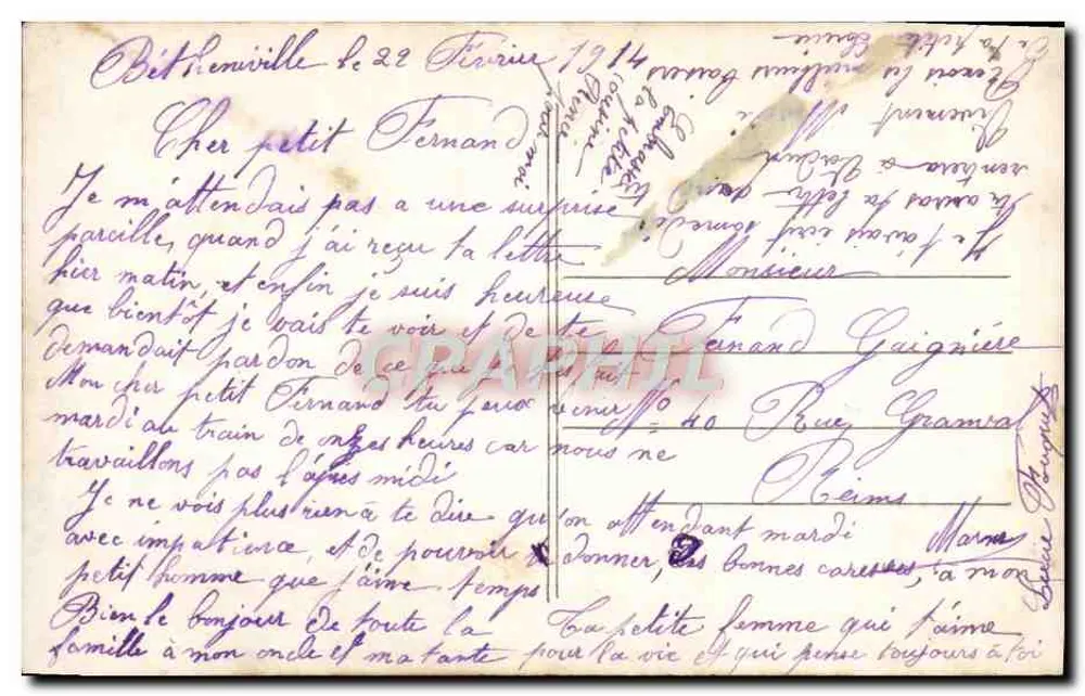 Junge Frau mit Rosenstrauß — französische Ansichtskarte vom Februar 1914 — Verlag nicht sichtbar - Rückseite