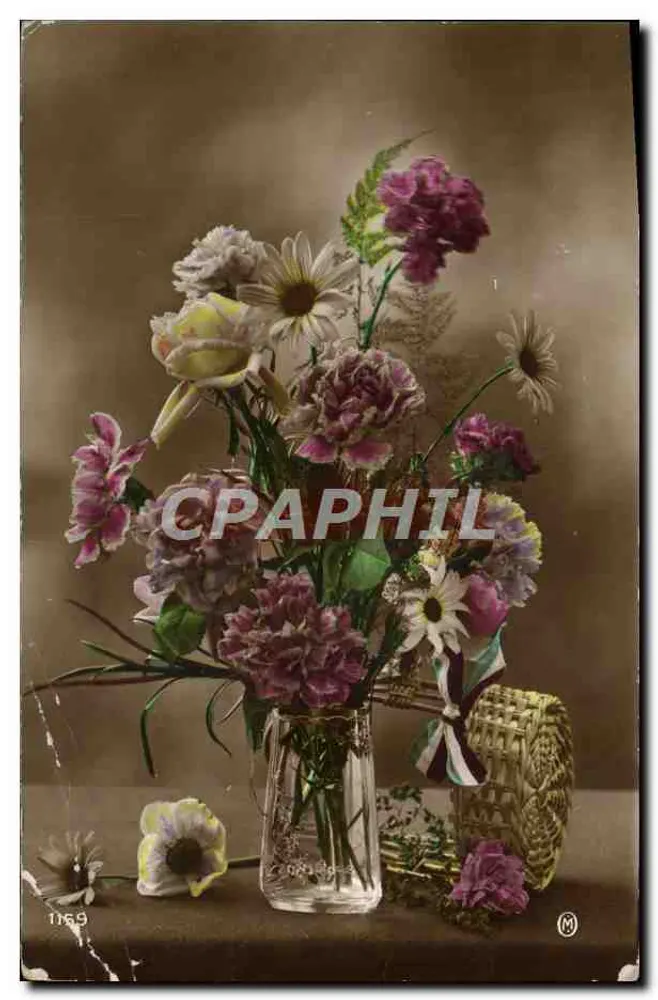 Bouquet de fleurs — composition florale avec marguerites et pivoines — éditeur M. (imprimé sur la carte) n° 1169 - Frente