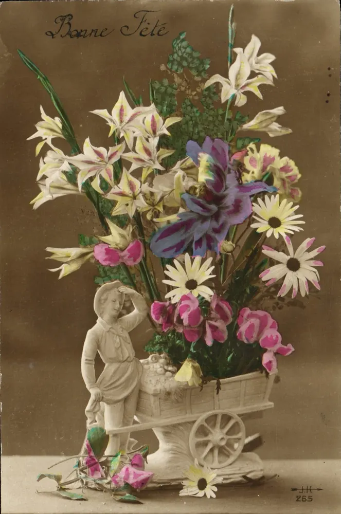 Bouquet bloemen — kinderfiguur in een karretje — uitgever JK, n° 265 - Voorkant
