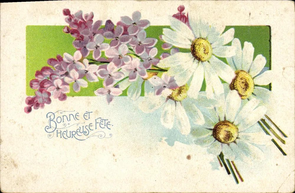 Arranjo de lilás e margaridas — Boa e feliz festa — série 2024 - Frente