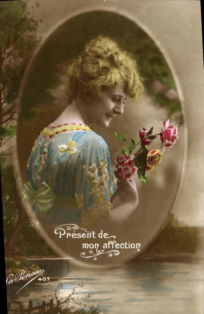 Junge Frau mit Rosen — Geschenk meiner Zärtlichkeit — La Pensée, n°407 - Vorderseite